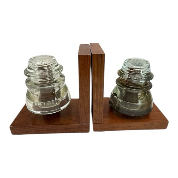 Clear Glass Insulator On Wood Bookends Very Heavy READ Vtg Lineman Electrician - Picture 3 of 14